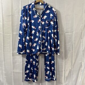 EKOUAER Pajama Set Womens XL CHRISTMAS POLAR BEARS Blue Pjs Sleep Pants Shirt **